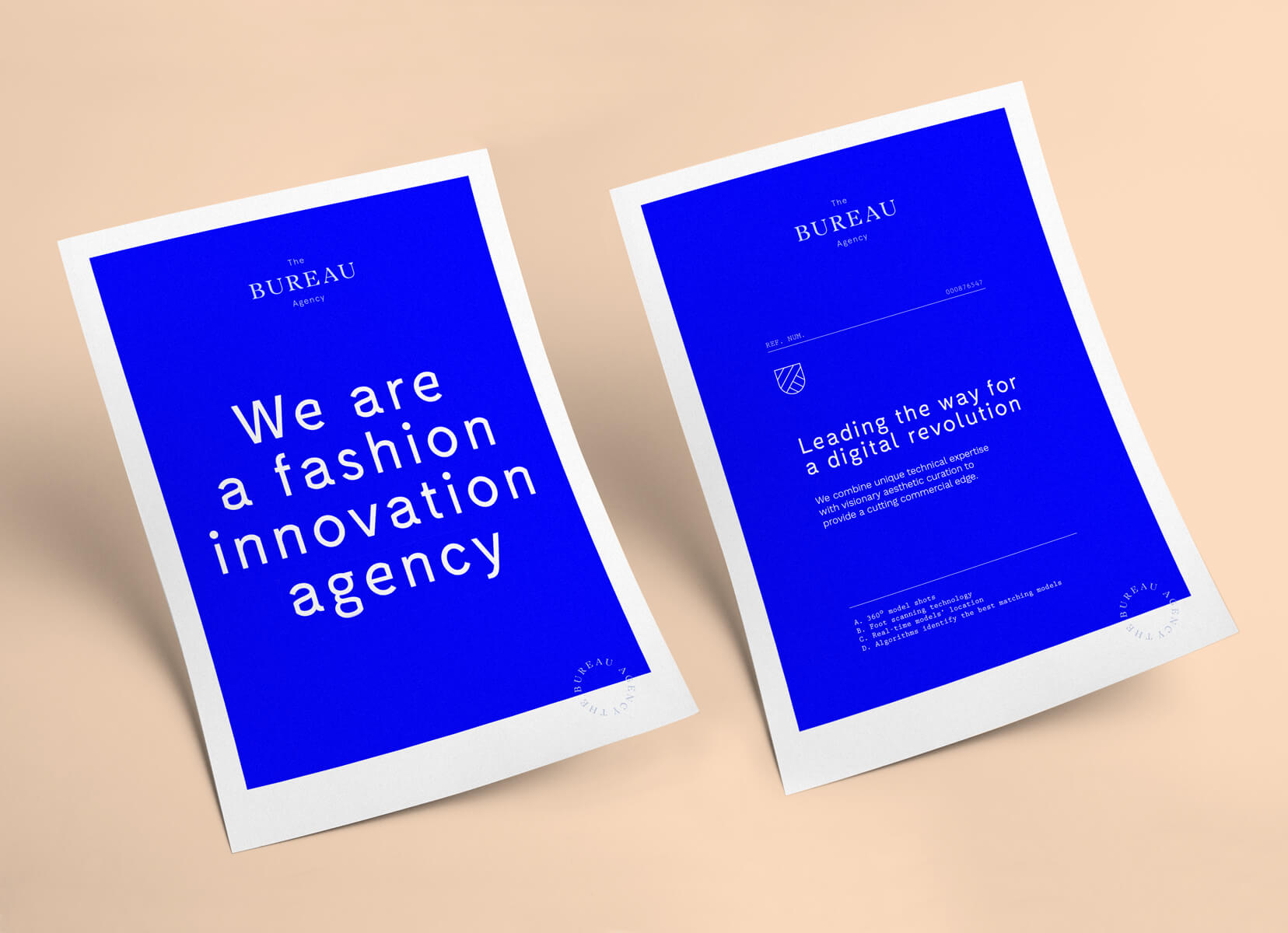 Two branded paper sheets featuring the brand expression We are a fashion innovation agency and some additional messaging