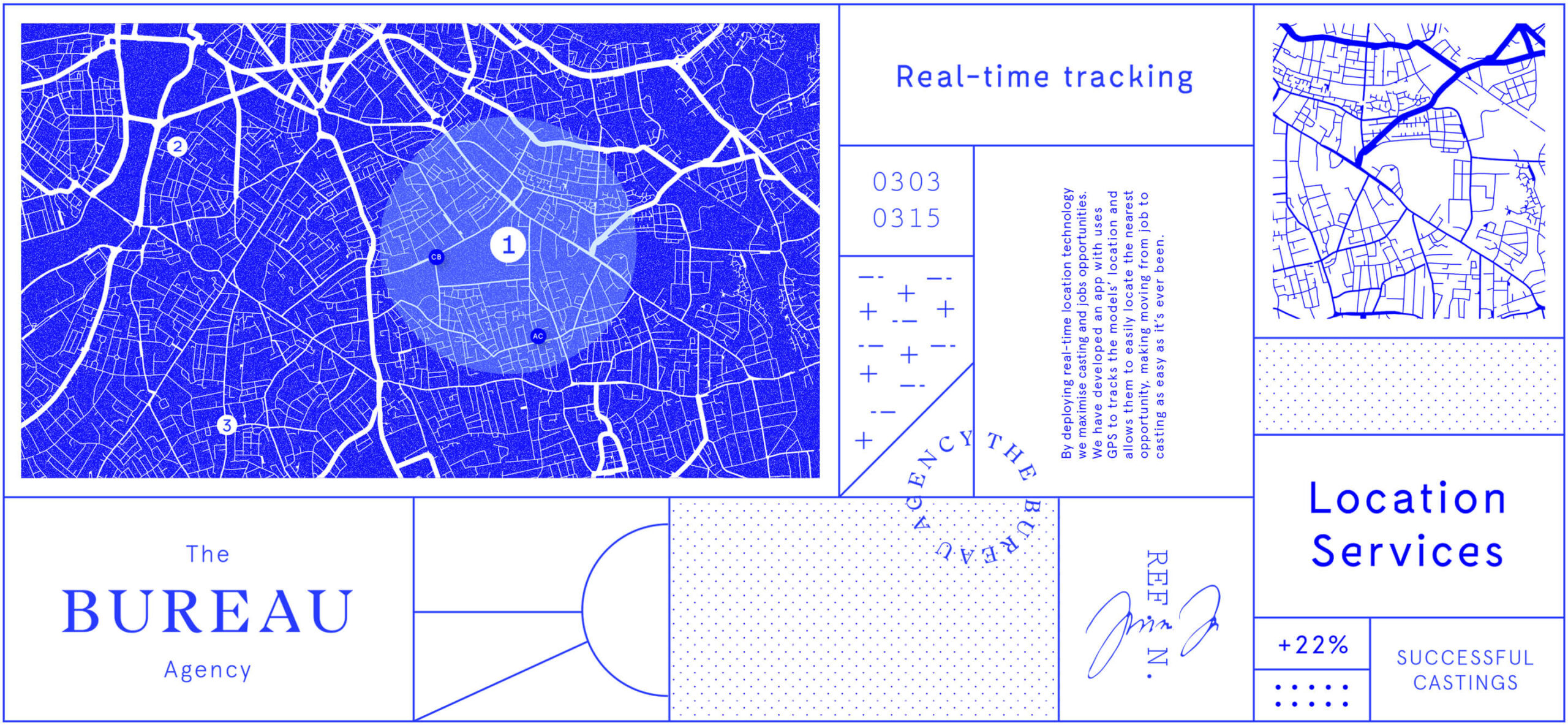 Illustration showing city maps and brand elements to explain the location technology used by the agency