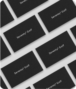 Seventy2Golf business cards arranged in diagonal rows