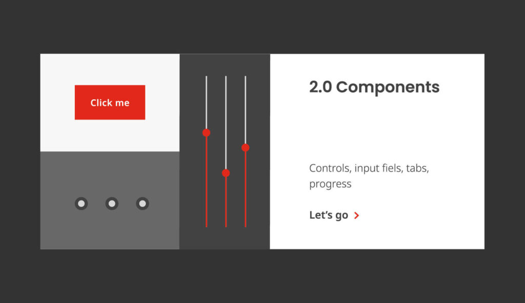 A graphic showing some stylised design system components: button, radio buttons, sliders.