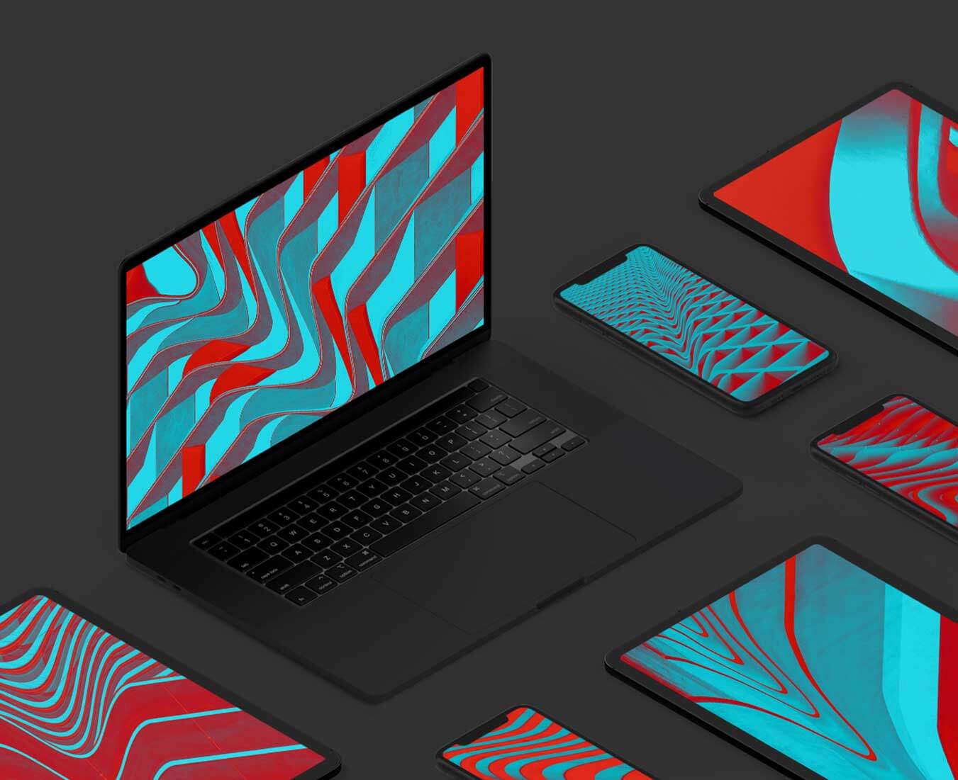 Screens showing some distorted architectural images featuring the Learnship red and Aqua colours