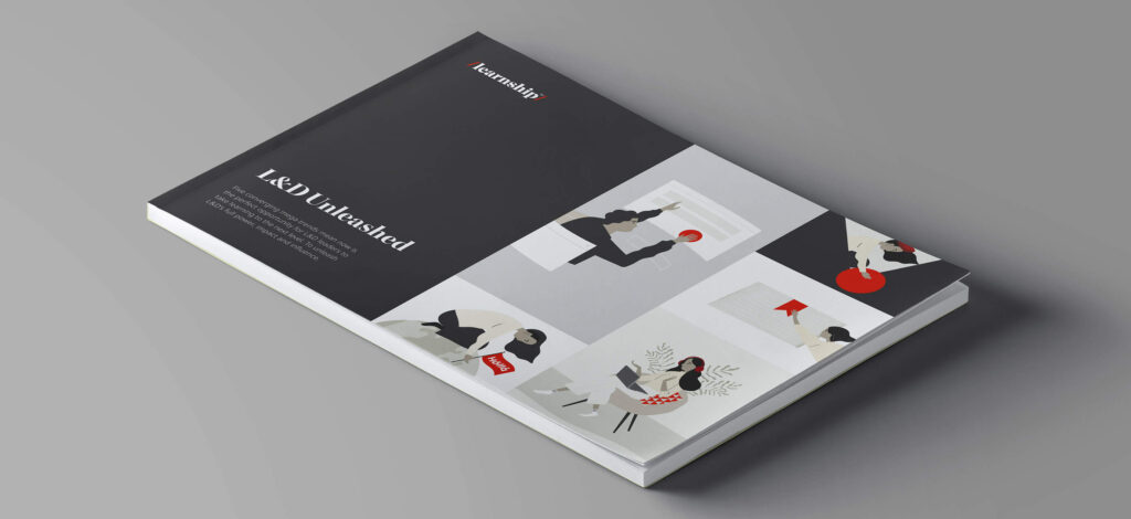 A printed ebook titled "L&D Unleashed" with the brand's illustrations on the cover