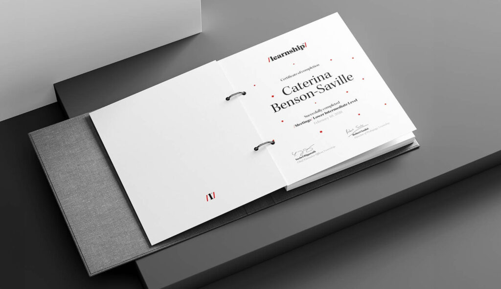 Certificate of course completion showcasing the brand's typography and visual language