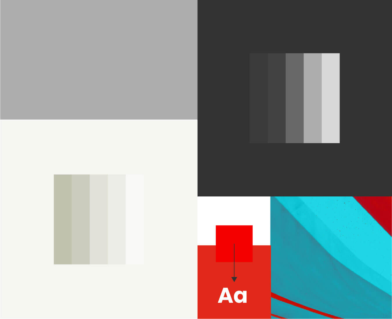Graphic showing the brand's colour palette: A primary red, a supporting Aqua, some cool grey shades and some warm beige shades