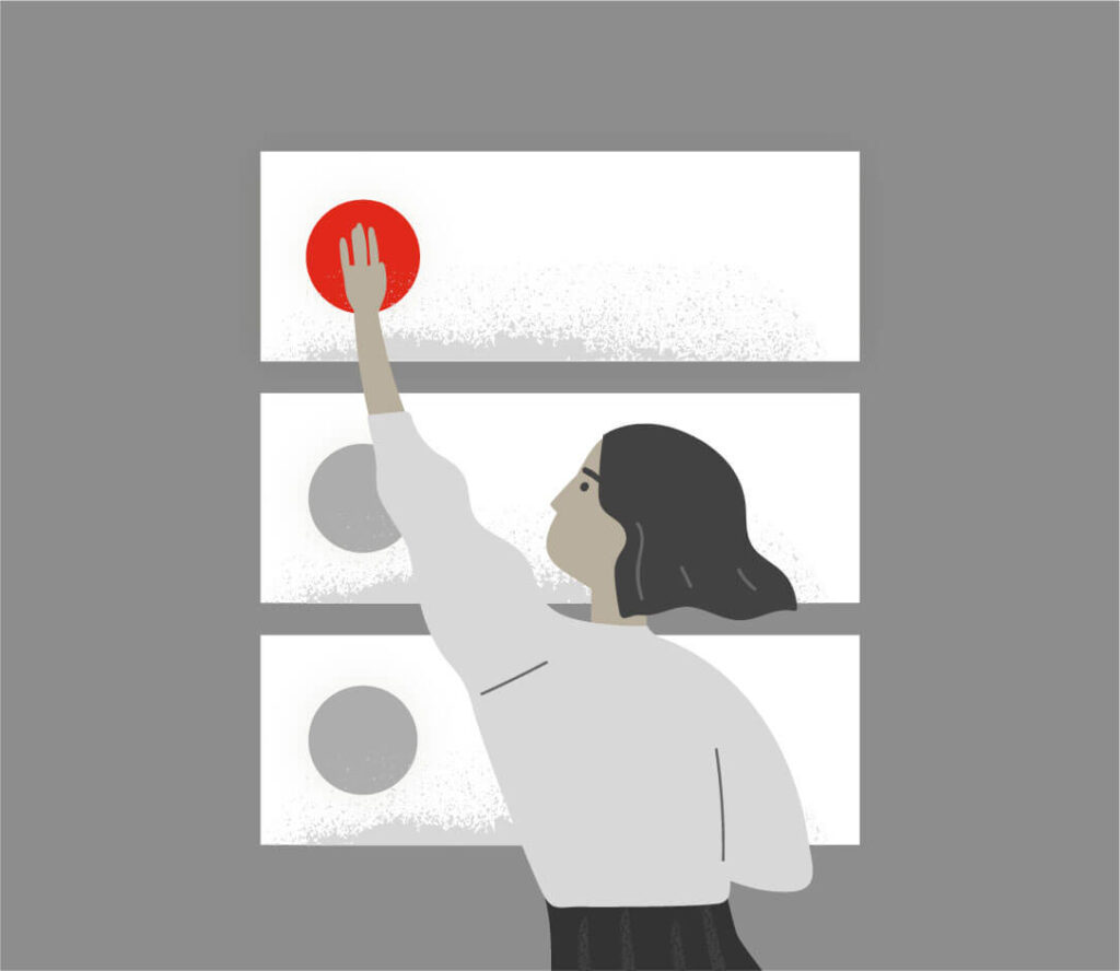 An illustration of a woman pushing a UI button on a stylised interface in the background