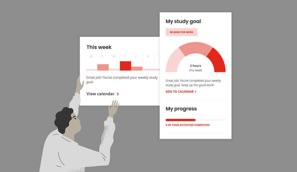 An illustration of a man interacting with a detailed UI dashboard showing the week's schedule and the study goal