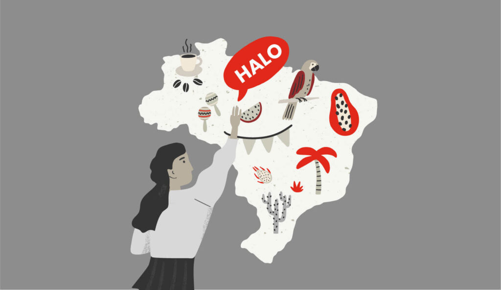 Playful illustration of a map of Brazil containing symbols associated with the country. A woman stands in front of it and interacts with a chat bubble saying "Halo"
