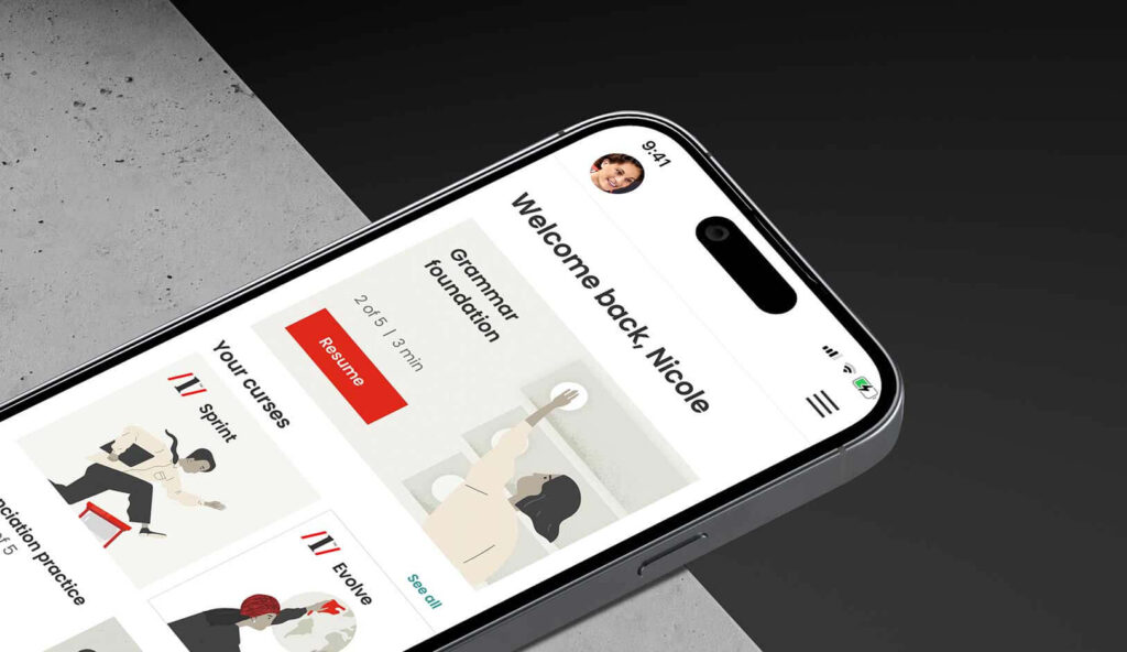 Close up of app screen showing a welcome screen of the product UI