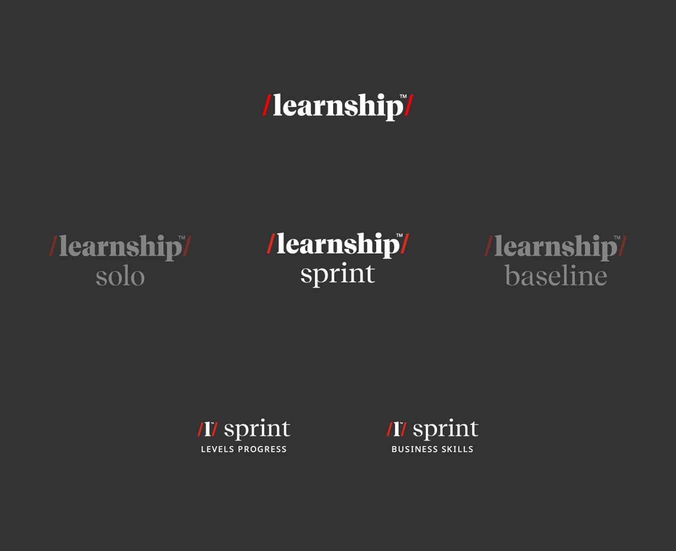 Brand architecture diagram showing Learnship on the top row. Learnship Solo, Learnship Sprint, Learnship Baseline in the middle. And Sprint Levels Progress and Business language in the bottom row