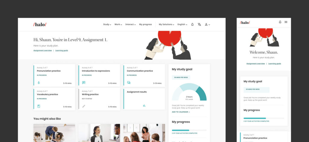 Product UI dashboard featuring an illustrated header, some activity cards and a study goad widget. Shown in desktop and mobile
