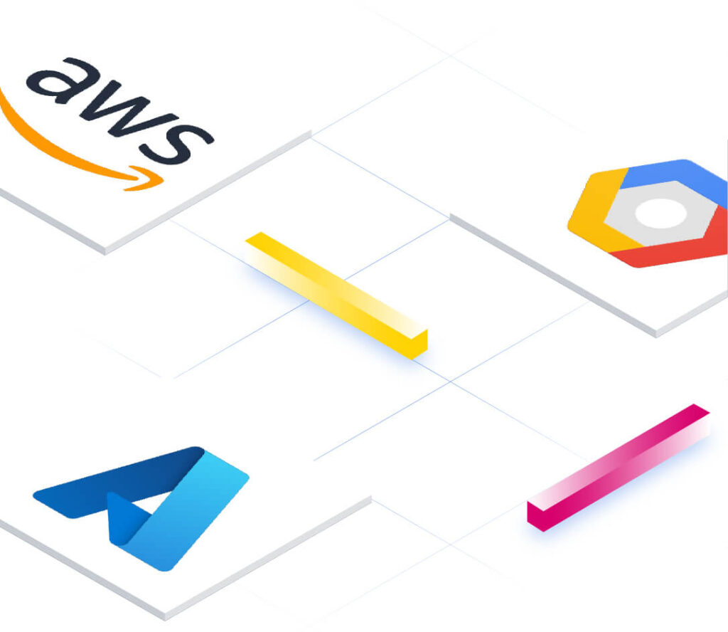 Graphic showing some isometric tiles with integration logos on the BlueCat Network grid