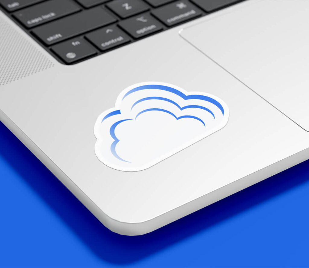 Close up of a sticker on a laptop featuring the Cloud illustration in the brand style